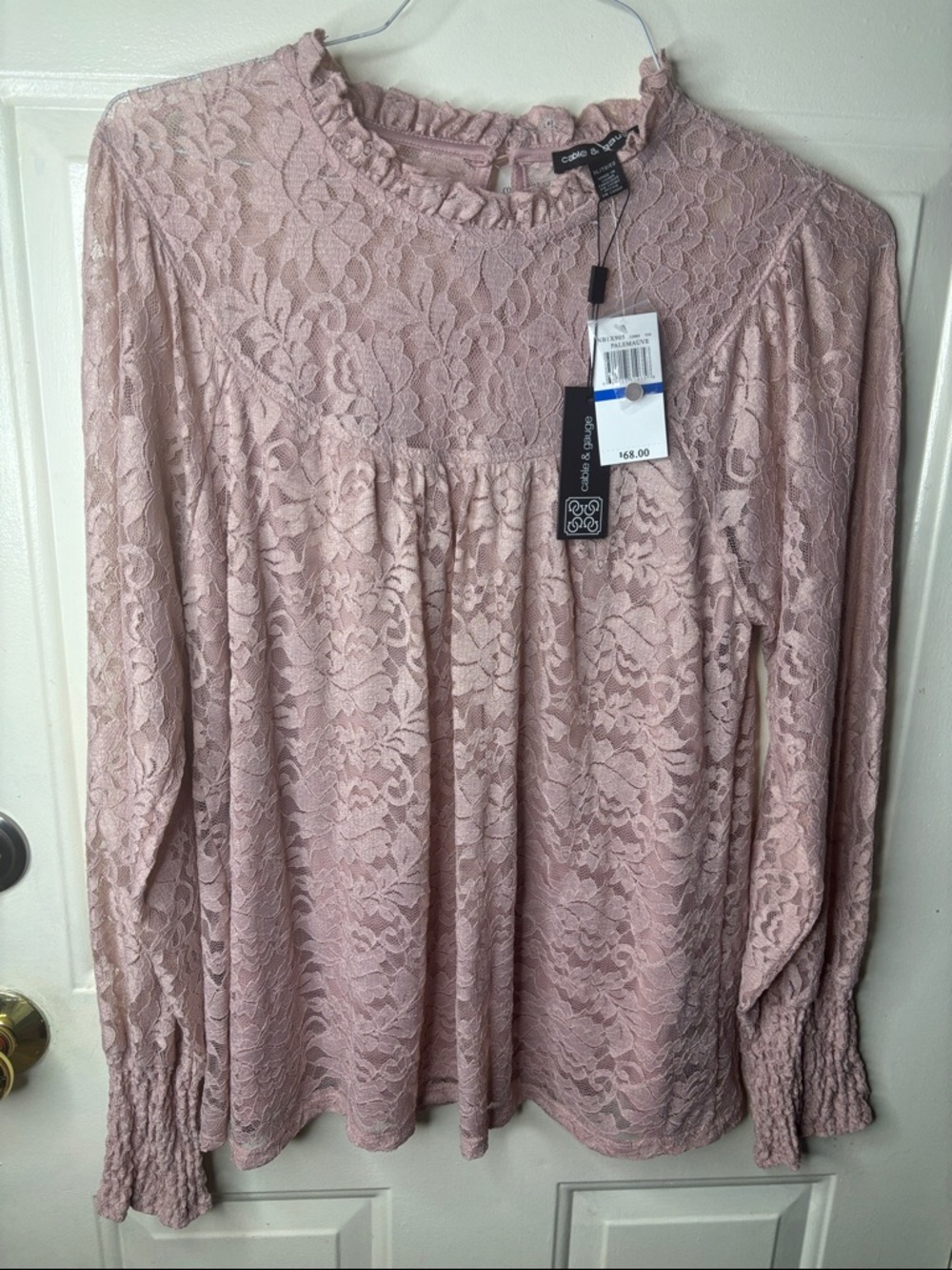 Cable & Gauge Mauve Lace Ruffle-Neck Long Sleeve Blouse